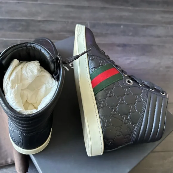 Gucci Black Leather High-Tops with Red and Green Stripes - Picture 6 of 7